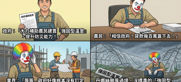 政府的預算不是這樣花的 引導農民建強固型溫室 強固型溫室沒有標準 丹娜絲颱風一來，全部強固型溫室壞光光